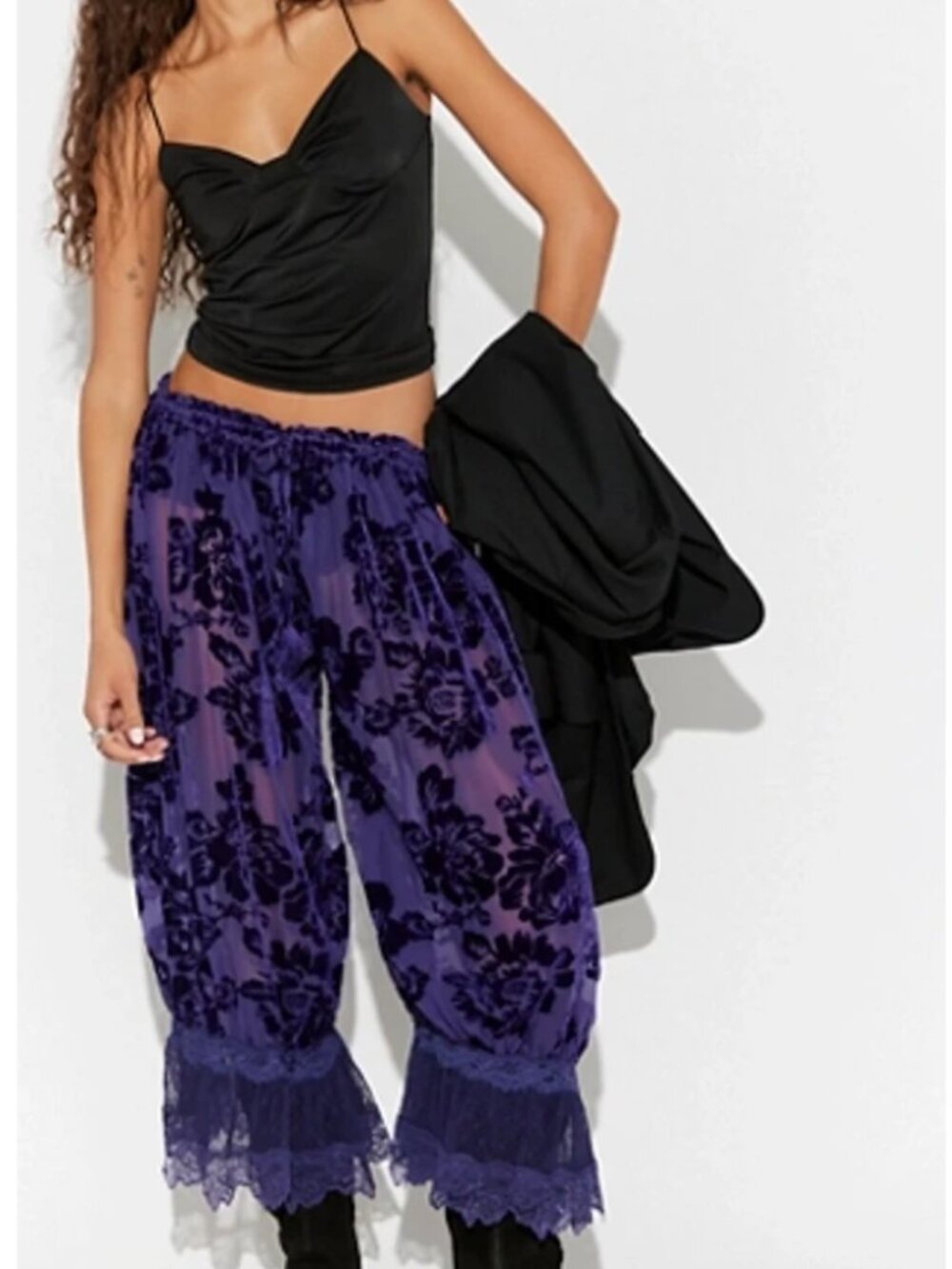 Free People Forever Young Burnout Bloomer Pants – Purple Velvet Floral Lace – Me
